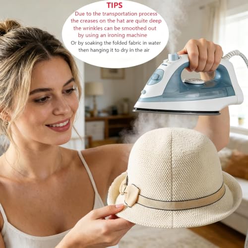 Women Beach Cloche Sun Bucket Hat Rolled Church Hat Folded Shipping - color: Bowknot/Beige