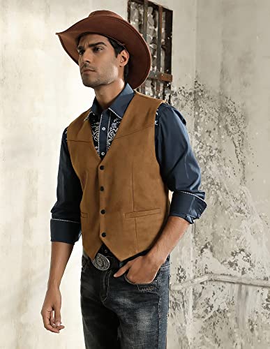PJ PAUL JONES Men's Western Cowboy Vest Leather Suede Casual Waistcoat - color: Brown, size: Small