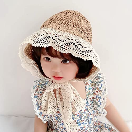 pureborn Baby Toddler Girls Straw Sun Hat Summer Beach Hat - color: Khaki-a, size: 6-24 Months