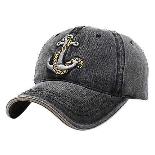 Anchor Embroidered Cotton Washed Dad Hat Distressed Retro Baseball Hat - color: Black