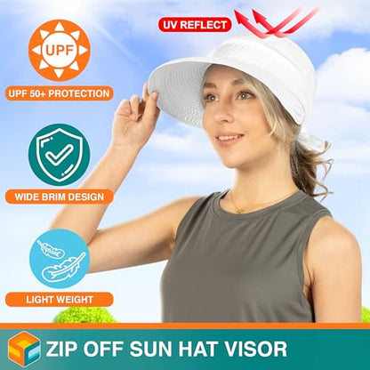 SUN CUBE Womens Sun Hat UV Protection Wide Brim Zip-Off Golf Visor - color: White