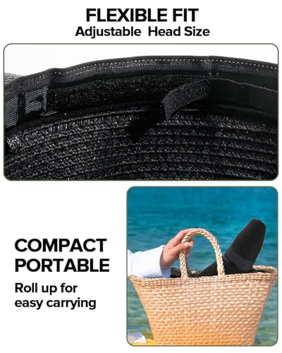 Sun Beach Hats for Women with Ponytail Hole, Floppy Wide Brim Beach Hat, Straw Summer Packable Sunhat Foldable Sun Protection - color: Black, size: Large