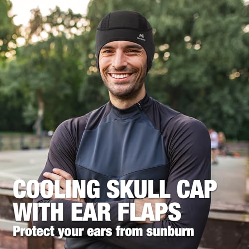 MELASA Cooling Skull Cap Helmet Liner with Ear Flaps, Breathable Mesh - color: Black & Ink Dyed Black