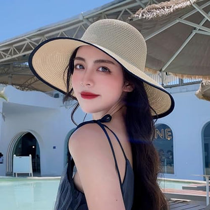Womens Mens Wide Brim Straw Panama Hat Beach Sun Hat Summer Wide Brim Straw Roll up Hat Fisherman's UPF 50 - color: -White