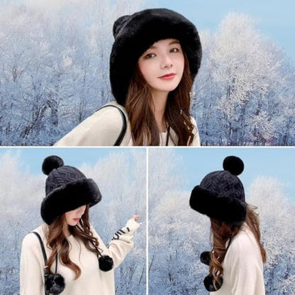 Winter Pompom Beanie Hats for Women Fluffy Knit Skull Cap Womens Faux Fur Crochet Warm Bucket Outdoor Ear Cover - color: Black