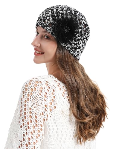ZLYC Women Crochet Beanie Hat Summer Handmade Knit Decorated Skull Cap - color: Feather Black Mixed White Black