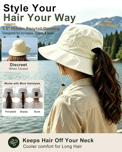 Womens Sun Hat Ponytail Packable UPF 50+ Waterproof Bucket Hat with Ponytail Hole for Beach Hiking Travel - color: Begie