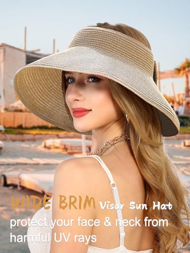 sy soul young Women's Straw Hat with Ponytail Hole Wide Brim Visor Sunhat - color: Khaki