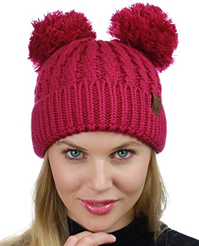C.C 2 Ear Pom Pom Cable Knit Soft Stretch Cuff Skully Beanie Hat - color: Hot Pink