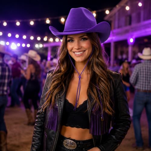 COLLECT PRESENT Plain Felt Cowboy & Cowgirl Hat for Men and Women | Western Studded Cowboy Hat in Adult Sizes - color: Purple
