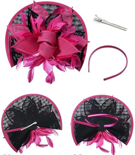 ORIDOOR Women Fascinators Derby Church Tea Party Wedding Flower Feathers Headpiece with Headband Clips - color: 02-rose Black