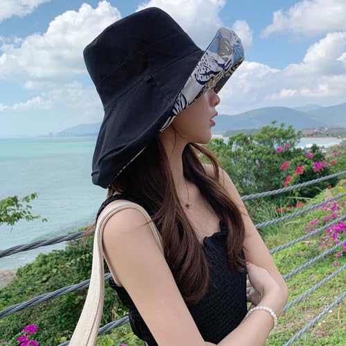 Women Wide Brim Sun Protection Hat Summer Fishing Hats - color: Black and Leaf Print