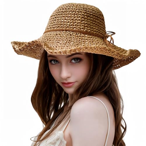 Womens Straw Beach Sun Hats, Foldable Packable Floppy Handmade Crochet Hats - color: Khaki-c