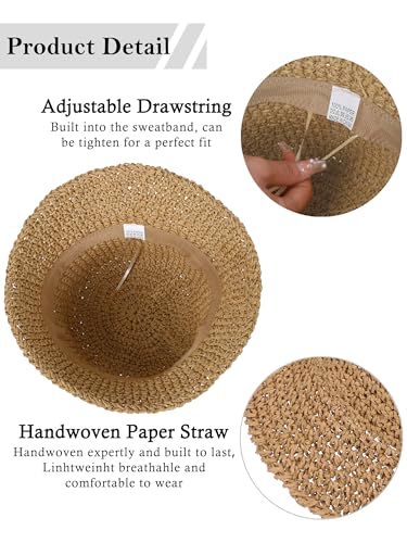 Womens Sun Hat Handmade Crochet Straw Bucket for Summer Foldable Travel Cap - color: Khaki