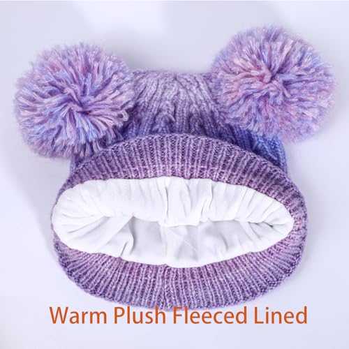 Girls Rainbow Pom Pom Beanies Hats Winter Knit Fleece Lined Beanie Hat for Kids Outdoor Snow Ski Skull Cap Age 7-12 - color: Pompom-multicolor 02(fleece Lined)