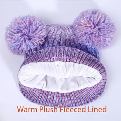 Girls Rainbow Pom Pom Beanies Hats Winter Knit Fleece Lined Beanie Hat for Kids Outdoor Snow Ski Skull Cap Age 7-12 - color: Pompom-multicolor 02(fleece Lined)