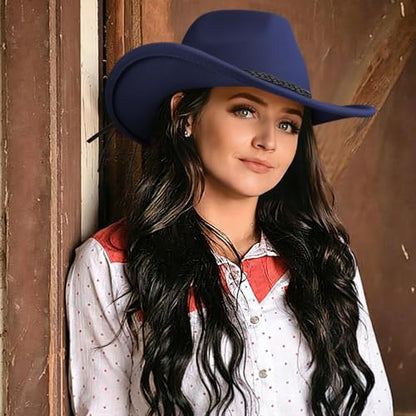 DRESHOW Western Cowboy Hat for Men Women Cowboy Cowgirl Hat Outdoor Wide Brim Retro Felt Fedora Hats Unisex Rolled up Caps - color: 1 Pack Style 9: Navy Blue With Braided Band