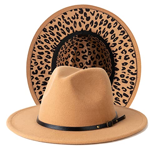 Women Two Tone Wide Brim Fedora Felt Panama Hat - color: Camel/Leopard