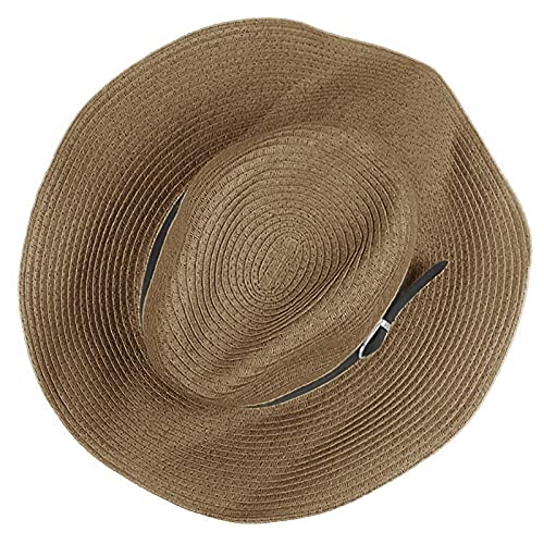 Men's Floppy Packable Straw Hat Beach Cap Newsboy Fedora Sun Hat, Big Brim, Adjustable Chin Strap - color: Coffee