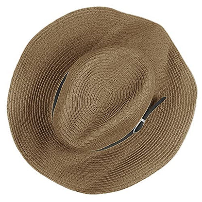 Men's Floppy Packable Straw Hat Beach Cap Newsboy Fedora Sun Hat, Big Brim, Adjustable Chin Strap - color: Coffee