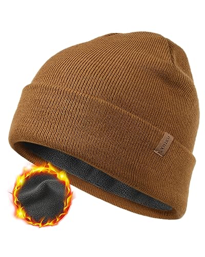 FURTALK Mens Winter Fleece Lined Knit Cuffed Beanie - color: Brown