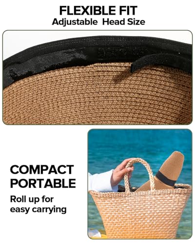 Sun Beach Hats for Women with Ponytail Hole, Floppy Wide Brim Beach Hat, Straw Summer Packable Sunhat Foldable Sun Protection - color: Khaki, size: Medium