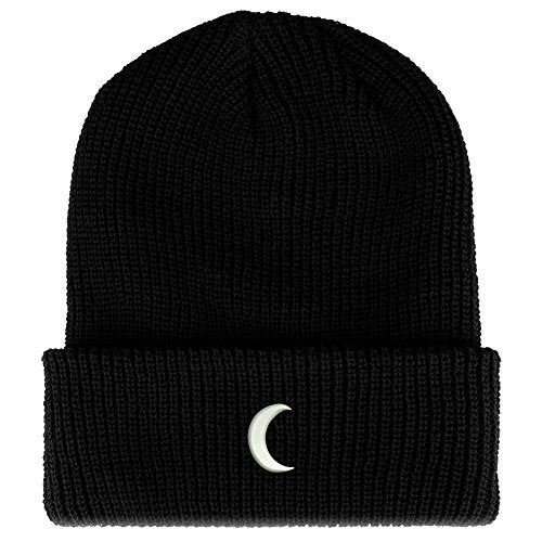 Trendy Apparel Shop Crescent Moon Embroidered Ribbed Cuffed Knit Beanie - color: Black