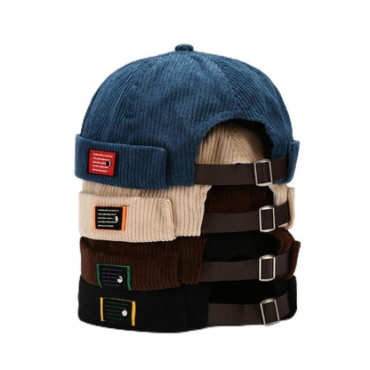 Mens Corduroy Docker Brimless Skullcap Rolled Cuff Beanie Hat - color: Blue