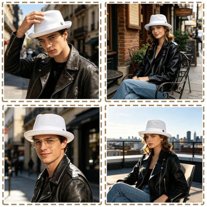 XGOPTS Unisex Summer Mesh Straw Porkpie Hat Trilby Jazz Fedora Panama Hats - color: White