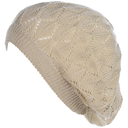 BYOS Chic Parisian Style Soft Lightweight Crochet Cutout Knit Beret Beanie Hat - color: 2-pack Leafy Beige & Black