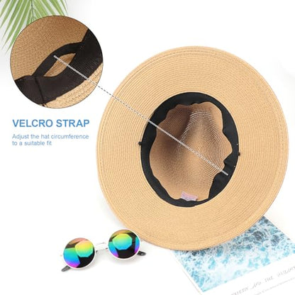 DRESHOW Women Straw Panama Hat Travel Fedora Beach Sun Hat Summer Wide Brim Straw Roll up Hat UPF 50+ - color: Khaki/Braided Rope a