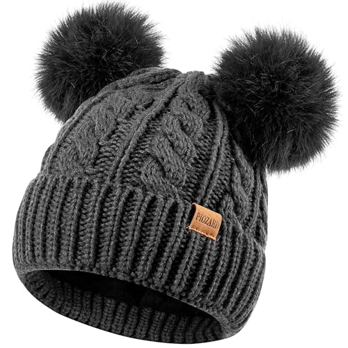 Women's Winter Hat Soft Knit Beanie with Faux Fur Pom Hat with Warm Fleece Lining Skull Cap for Women - color: Gray