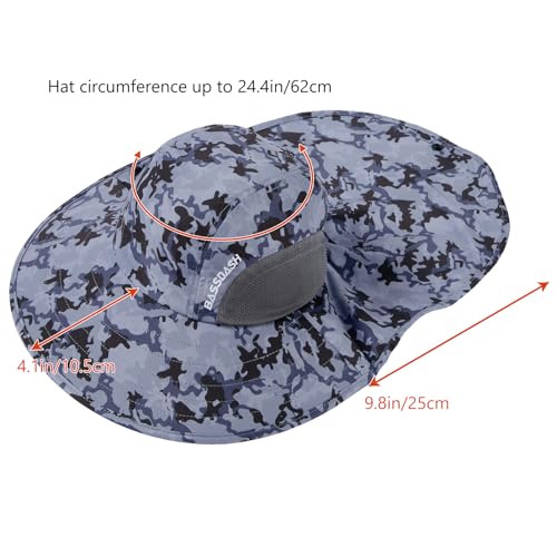 BASSDASH UPF 50+ Unisex Water Resistant Wide Brim Sun Hat with Large Neck Flap Ponytail Fishing Hat for Men Women - color: Storm Camo
