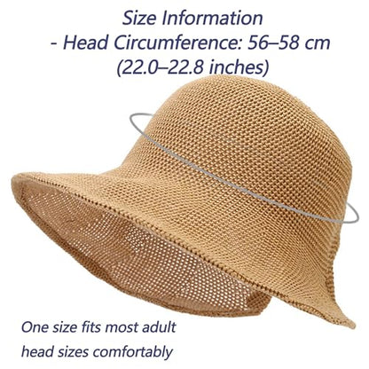 Women's French Crochet Sun Hat Floppy-Brim Straw-Bonnet-Cap Ponytail-Beach-Hats Hook-Loop-Fastener