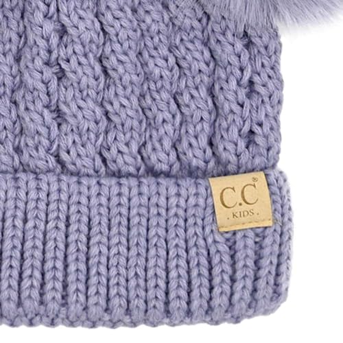 C.C Kids' Cable Knit Double Pom Beanie for Kids - Comfortable Soft Warm Children Skully Hat with Pom - color: Matching Faux Fur Pom Lavender