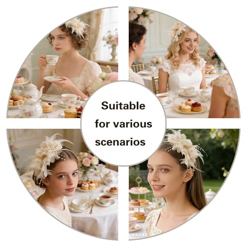 Fascinators for Women Ribbon Feather Tea Party Headwear - color: Th Off White