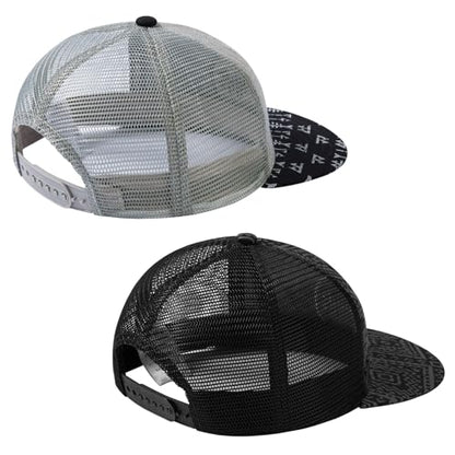 BASSDASH 2 Pack Flat Brim Trucker Cap Adjustable Snapback Hat Mesh Back for Men Women Fishing Hunting - color: Heather Grey and Black & Black Geometry