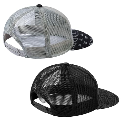 BASSDASH 2 Pack Flat Brim Trucker Cap Adjustable Snapback Hat Mesh Back for Men Women Fishing Hunting - color: Heather Grey and Black & Black Geometry