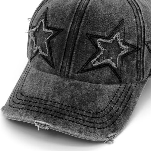 Retro Washed Distressed Baseball Cap with Five Pointed Stars for Women Men - color: Black