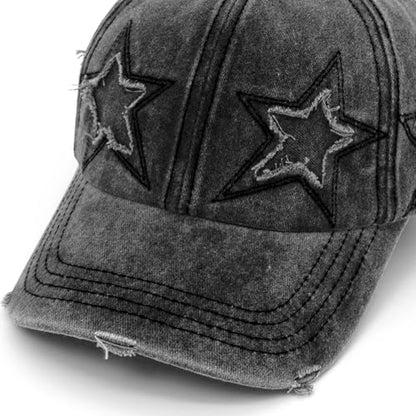 Retro Washed Distressed Baseball Cap with Five Pointed Stars for Women Men - color: Black