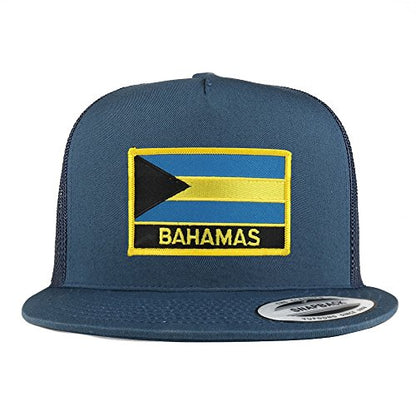 Trendy Apparel Shop Bahamas Flag 5 Panel Flatbill Trucker Mesh Snapback Cap - color: Navy
