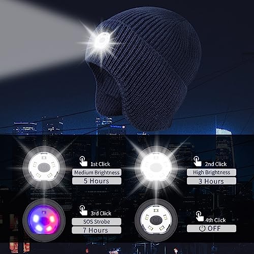 LED Beanie Hat with Light, USB Rechargeable LED Headlamp Hat, Unisex Winter Hat Warm Knitted Earflap Beanie with Night Flashlight (Blue) - color: Blue Adult