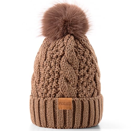 Women's Winter Pompom Beanie Warm and Cozy Knit Hat Fleece Lining Skull Cap for Women - color: Khaki
