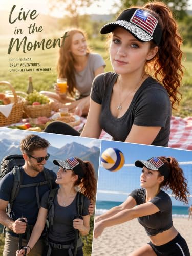 Women Shiny Rhinestone Bling Sun Visor Adjustable Tennis Beach Ponytail Hat - color: Black-usaflag