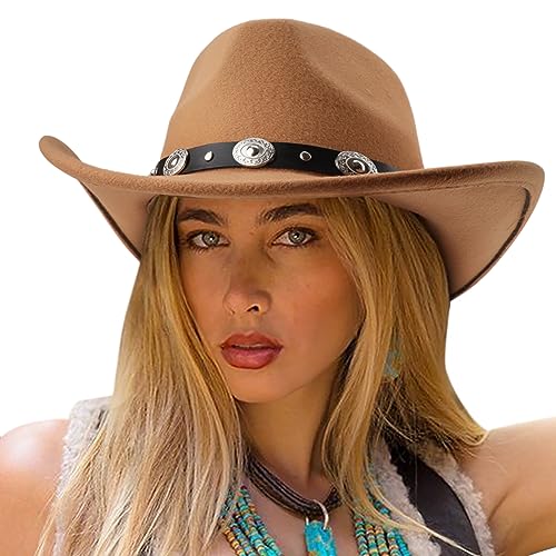 DRESHOW Women Men Classic Felt Wide Brim Western Cowboy & Cowgirl Cap Belt Buckle Retro Panama Hat Unisex Rolled up Caps - color: 1 Pack Style 1: Khaki (Hat Circumference: 22-22.8")