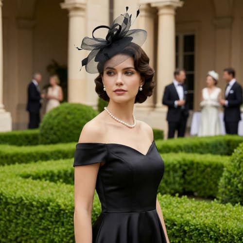 tiggell Fascinators Tea Party Hat for Women, Fascinator with Pillbox Hat - color: Black