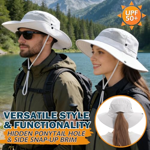Cooling Sun Bucket Hat, UPF 50+ Wide Brim Boonie Hat with Ponytail Hole - color: 01 Off White