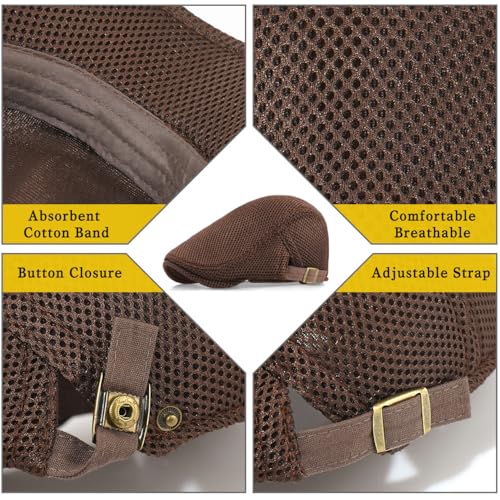 Xinveen Men's Mesh Cap Breathable Summer Newsboy Hat Adjustable Beret Ivy Cap Irish Cabbie Driving Hunting Hats - color: Coffee