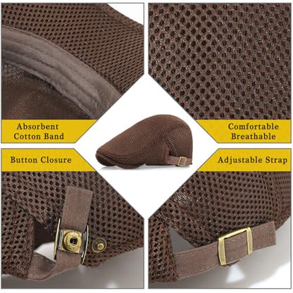 Xinveen Men's Mesh Cap Breathable Summer Newsboy Hat Adjustable Beret Ivy Cap Irish Cabbie Driving Hunting Hats - color: Coffee