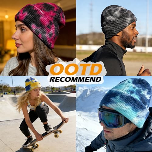 Beanie for Women Men Unisex Tie Dye Cuffed Knit Skull Cap Colorful Gradient Winter Hat Soft Slouchy Warm Less Static - color: Yellow